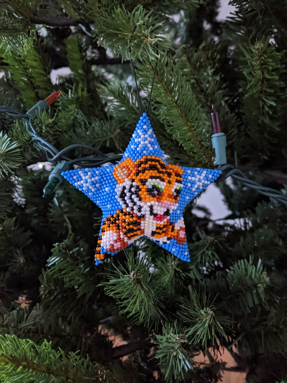 Blue Beaded Tiger Star Ornament - Home Holiday Ornament